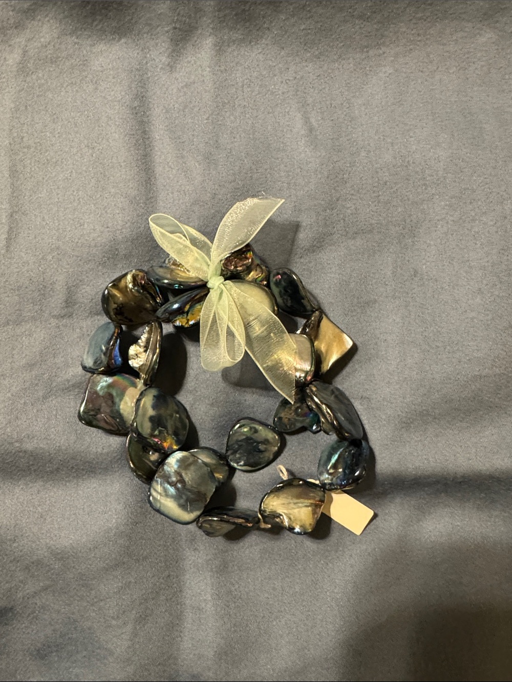 Iridescent Abalone Shell Stretch Bracelet with Sheer Bow. OBO